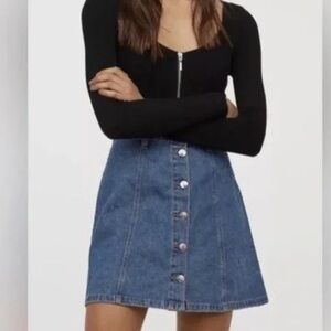 H&M Classic Wash Denim Button Down Button Front High Waisted A Line Skirt 0 XS